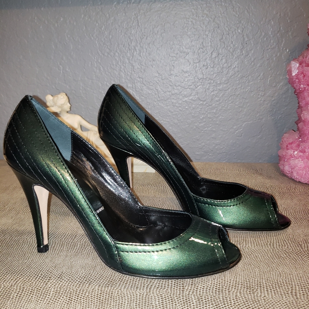 BUTTER Twister Teal Sparkle Leather Peep Toe High Heels size 7.5m US